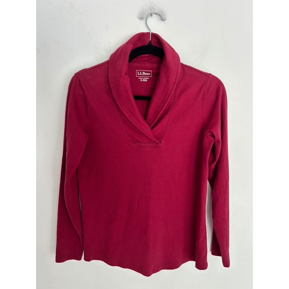 LL Bean Womens Small Raspberry Pink Shawl Collar Long Sleeve Cotton Top 290348